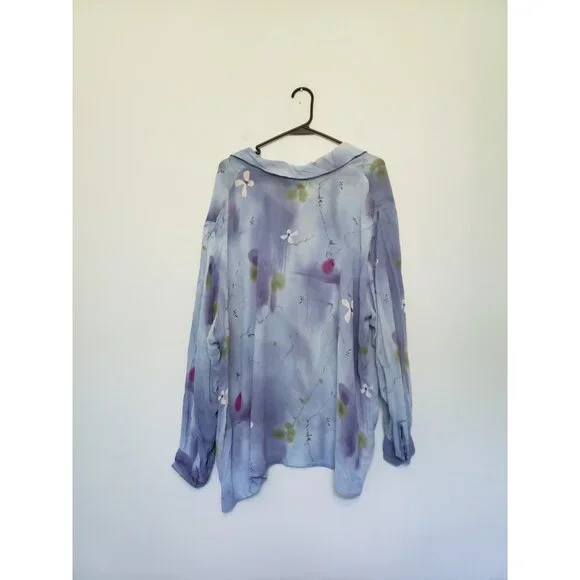 Carole Little Womens Plus 22 Shirt Blue Floral Button Front Sheer Rayon Spring - Picture 2 of 5